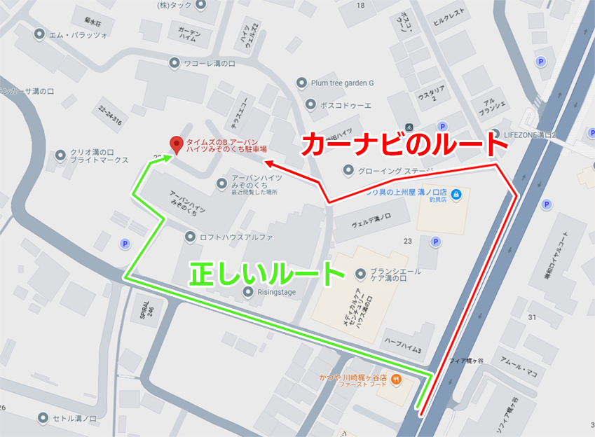 正しいルートと間違ったルートのマップ画像