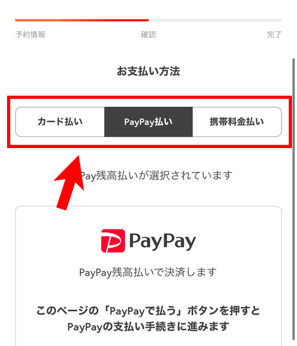 特Pの支払い方法の選択画面